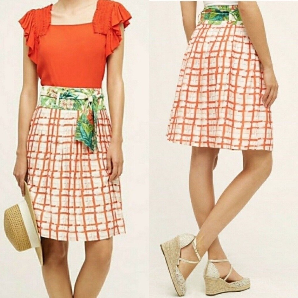 Maeve Anthropologie Country Fair‎ Skirt Orange White Grid Tropical Floral Size 4